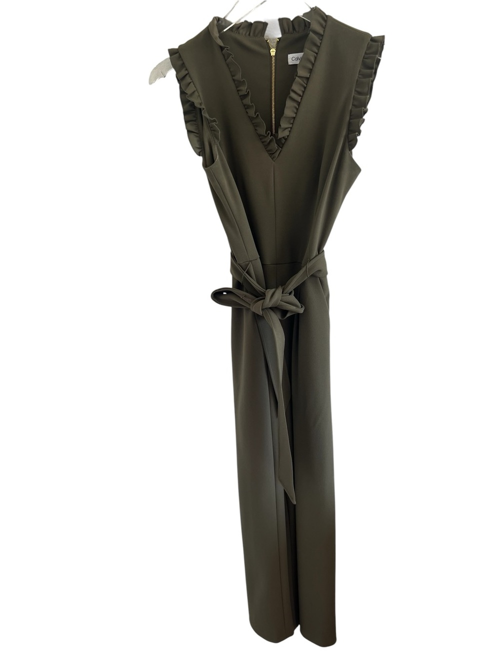 Calvin Klein Sleeveless Olive Ruffle V-Neck Jumpsuit with Tie Belt